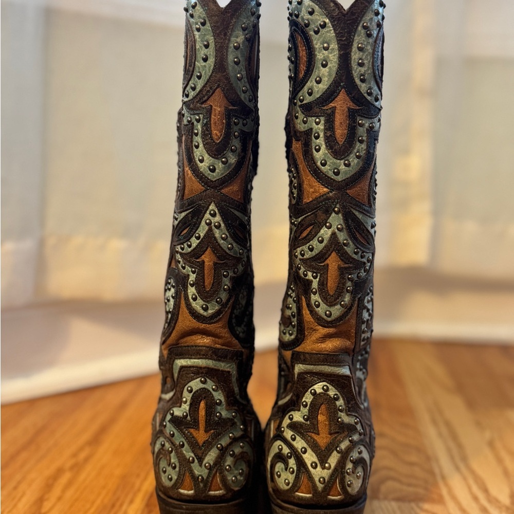 Lane Brown Turquoise Cream Embroidered Western Boots - Picture 4 of 7
